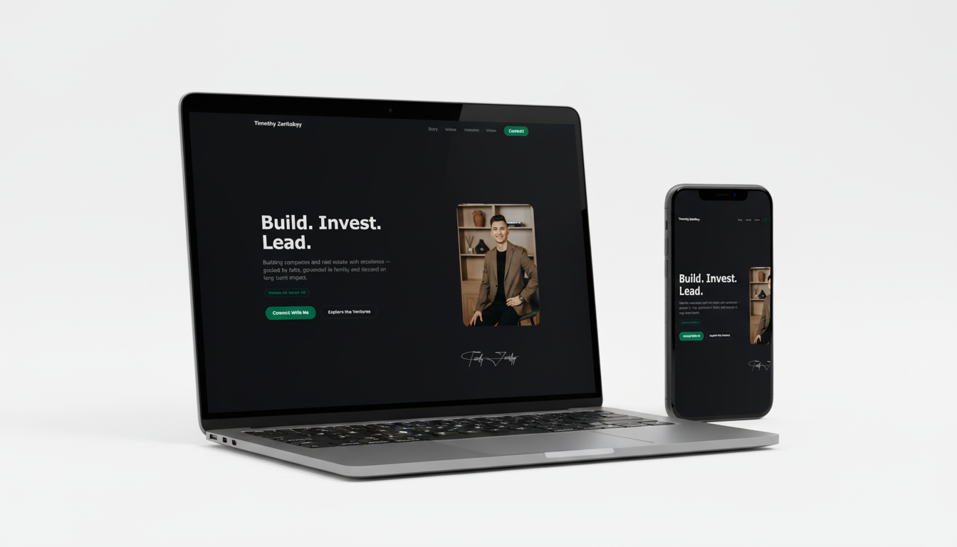 Premium personal brand website preview on laptop and phone